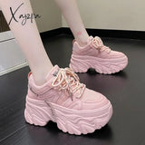 Xajzpa - Women’s Pink Chunky Sneakers Breathable Platform Sports Shoes Woman Lace Up Thick Sole