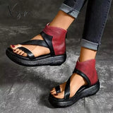 Xajzpa - Womens Pu Toe Ring Platform Back Zipper Sandals Red Wine / 5