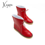 Xajzpa - Womens Red Waterproof Boots Warm Slip On Lace Up Fur Over Ankle Booties Short Snow