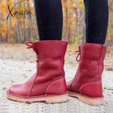 Xajzpa - Womens Red Waterproof Boots Warm Slip On Lace Up Fur Over Ankle Booties Short Snow