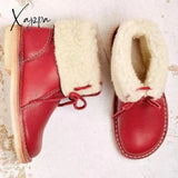 Xajzpa - Womens Red Waterproof Boots Warm Slip On Lace Up Fur Over Ankle Booties Short Snow