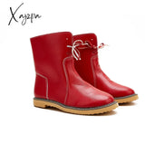 Xajzpa - Womens Red Waterproof Boots Warm Slip On Lace Up Fur Over Ankle Booties Short Snow