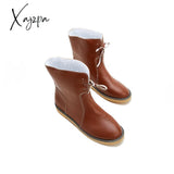 Xajzpa - Womens Red Waterproof Boots Warm Slip On Lace Up Fur Over Ankle Booties Short Snow