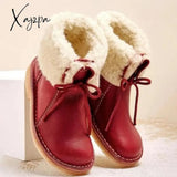 Xajzpa - Womens Red Waterproof Boots Warm Slip On Lace Up Fur Over Ankle Booties Short Snow / 5