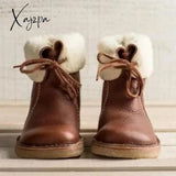 Xajzpa - Womens Red Waterproof Boots Warm Slip On Lace Up Fur Over Ankle Booties Short Snow