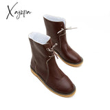 Xajzpa - Womens Red Waterproof Boots Warm Slip On Lace Up Fur Over Ankle Booties Short Snow