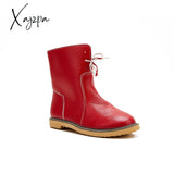 Xajzpa - Womens Red Waterproof Boots Warm Slip On Lace Up Fur Over Ankle Booties Short Snow