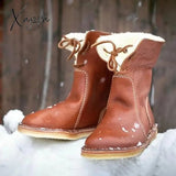 Xajzpa - Womens Red Waterproof Boots Warm Slip On Lace Up Fur Over Ankle Booties Short Snow Brown /