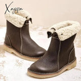 Xajzpa - Womens Red Waterproof Boots Warm Slip On Lace Up Fur Over Ankle Booties Short Snow Coffee