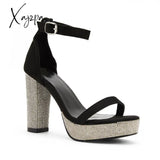 Xajzpa - Women’s Rhinestone Heels Slip On Platform Chunky Adjustable Belt Party Pumps Sandals