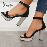 Xajzpa - Women’s Rhinestone Heels Slip On Platform Chunky Adjustable Belt Party Pumps Sandals