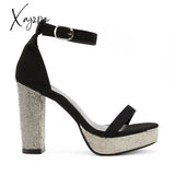 Xajzpa - Women’s Rhinestone Heels Slip On Platform Chunky Adjustable Belt Party Pumps Sandals