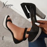 Xajzpa - Women’s Rhinestone Heels Slip On Platform Chunky Adjustable Belt Party Pumps Sandals