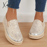 Xajzpa - Women’s Rhinestone Sneakers Flatform Loafers Glitter Slip-On Walking Imily Bela