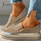 Xajzpa - Women’s Rhinestone Sneakers Flatform Loafers Glitter Slip-On Walking Imily Bela Beige / 7