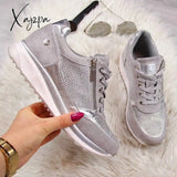 Xajzpa - Women’s Shoes Silver Sneakers Zipper Thick Bottom Casual Lace-Up Tenis Feminino Zapatos