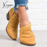 Xajzpa - Women’s Summer Cowgirl Boots Laser Cutout Low Heel Hollow Out Booties