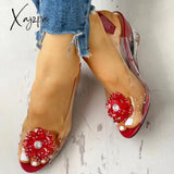 Xajzpa - Women’s Summer Flower Sandals Rhinestone Elegant Clear Slingback Red / 5