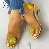 Xajzpa - Women’s Summer Flower Sandals Rhinestone Elegant Clear Slingback Yellow / 5