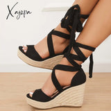 Xajzpa - Women’s Summer Lace Up Espadrille Heel Platform Wedge Sandals Black / 5