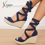 Xajzpa - Women’s Summer Lace Up Espadrille Heel Platform Wedge Sandals Navy / 5