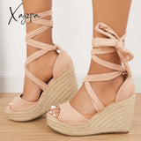 Xajzpa - Women’s Summer Lace Up Espadrille Heel Platform Wedge Sandals Nude / 5