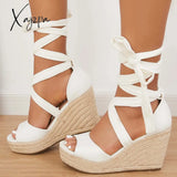 Xajzpa - Women’s Summer Lace Up Espadrille Heel Platform Wedge Sandals White / 5