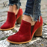 Xajzpa - Womens Vintage Red Velvet Leather Ankle Boots Slip On Suede / 5