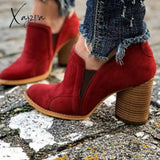 Xajzpa - Womens Vintage Red Velvet Leather Ankle Boots Slip On Suede