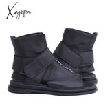 Xajzpa - Women’s Vintage Sandals Western Black Leather Flat Heel Zipper Boots