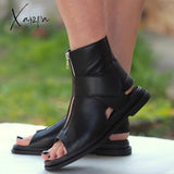 Xajzpa - Women’s Vintage Sandals Western Black Leather Flat Heel Zipper Boots