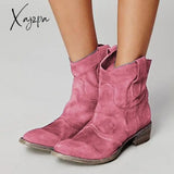 Xajzpa - Womens Vintage Western Boots Winter Ankle Suede Low Heel