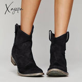 Xajzpa - Womens Vintage Western Boots Winter Ankle Suede Low Heel Black / 5