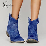 Xajzpa - Womens Vintage Western Boots Winter Ankle Suede Low Heel Blue / 5