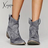 Xajzpa - Womens Vintage Western Boots Winter Ankle Suede Low Heel Gray / 5