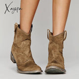 Xajzpa - Womens Vintage Western Boots Winter Ankle Suede Low Heel Khaki / 5