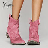 Xajzpa - Womens Vintage Western Boots Winter Ankle Suede Low Heel Pink / 5