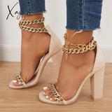 Xajzpa - Women’s Wedding Heel Rhinestone Ankles Chunky Block Heels Double Chain Strap Sandals