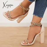 Xajzpa - Women’s Wedding Heel Rhinestone Ankles Chunky Block Heels Double Chain Strap Sandals