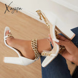 Xajzpa - Women’s Wedding Heel Rhinestone Ankles Chunky Block Heels Double Chain Strap Sandals