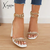 Xajzpa - Women’s Wedding Heel Rhinestone Ankles Chunky Block Heels Double Chain Strap Sandals