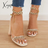 Xajzpa - Women’s Wedding Heel Rhinestone Ankles Chunky Block Heels Double Chain Strap Sandals