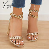 Xajzpa - Women’s Wedding Heel Rhinestone Ankles Chunky Block Heels Double Chain Strap Sandals