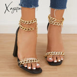 Xajzpa - Women’s Wedding Heel Rhinestone Ankles Chunky Block Heels Double Chain Strap Sandals