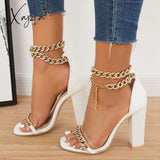 Xajzpa - Women’s Wedding Heel Rhinestone Ankles Chunky Block Heels Double Chain Strap Sandals