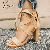 Xajzpa - Women’s Wedding High Heels Lace Up Sandals Chunky Block Ankle Tie Strappy Pumps