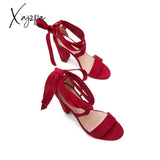 Xajzpa - Women’s Wedding High Heels Lace Up Sandals Chunky Block Ankle Tie Strappy Pumps