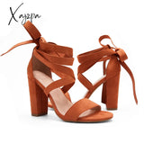 Xajzpa - Women’s Wedding High Heels Lace Up Sandals Chunky Block Ankle Tie Strappy Pumps