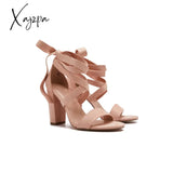 Xajzpa - Women’s Wedding High Heels Lace Up Sandals Chunky Block Ankle Tie Strappy Pumps