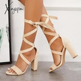 Xajzpa - Women’s Wedding High Heels Lace Up Sandals Chunky Block Ankle Tie Strappy Pumps Beige / 5